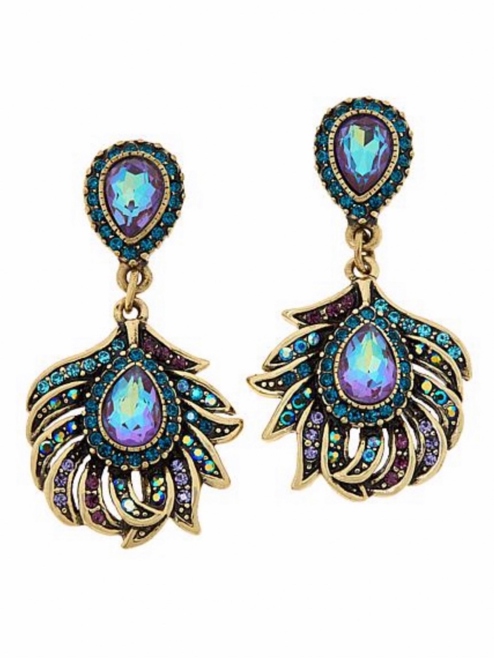 NWT Heidi Daus Pretty As A Peacock Crystal Feather Earrings - Picture 14 of 16